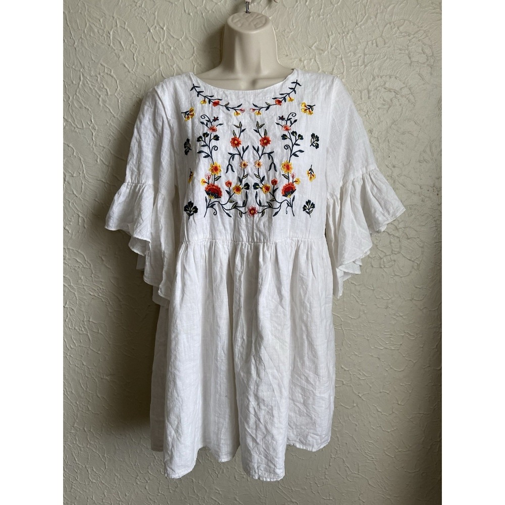 Women's Cotton Cottagecore Sz S Boho Floral Embroidered Dress Whimsy White SHEIN